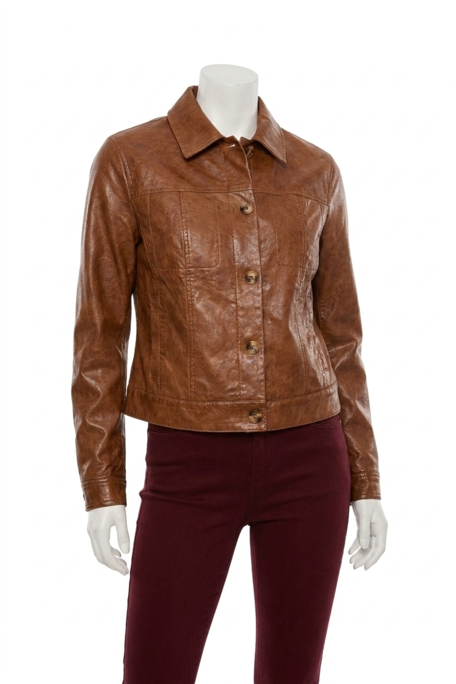 NEW TRIBAL faux leather button-front collar-accent jacket in gingerspice